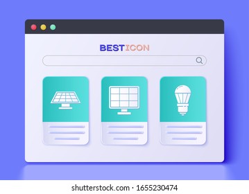 Set Solar energy panel, Solar energy panel and LED light bulb icon. Vector