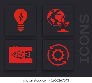 Coloque el panel de energía solar, bombilla de luz con símbolo de relámpago, globo terrestre y planta y Icono de Stop océano de contaminación de plástico. Vector