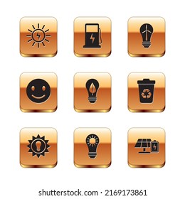 Set Solar energy panel, Light bulb with leaf, Smile face, wind turbine, and battery and Electric car charging station icon. Vector