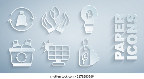 Set Solar energy panel, Light bulb with leaf, Recycle bin, Tag, Leaf hand and Garbage bag recycle icon. Vector