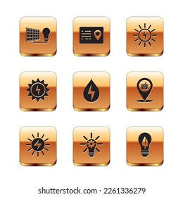 Set Solar energy panel and light bulb, Light with gear, Water, leaf and Address book icon. Vector