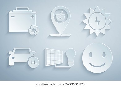 Set Solar energy panel and light bulb, Hydrogen car, Smile face, Location shopping basket and Car battery with recycle icon. Vector