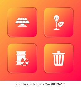 Set Solar energy panel, Light bulb with leaf, Radioactive waste in barrel and Trash can icon. Vector