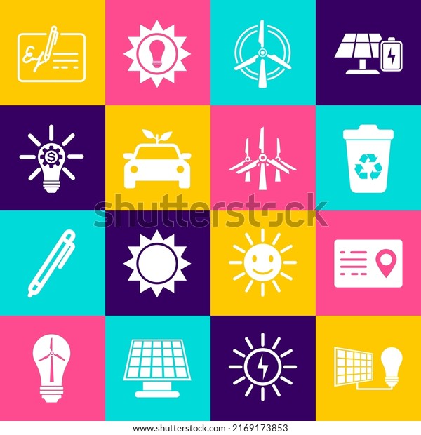 Set Solar\
energy panel and light bulb, Address book, Recycle bin with\
recycle, Rotating wind turbine, Eco car concept drive, Light gear,\
Signed document and Wind turbines icon.\
Vector