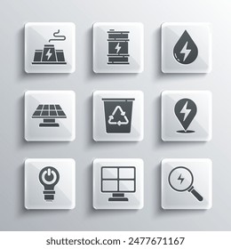 Set Solar energy panel, Lightning bolt, Recycle bin with recycle, bulb lightning, Power station plant factory and Water icon. Vector
