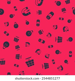 Set Solar energy panel, Magnet, Creative lamp light idea and Battery charge on seamless pattern. Vector