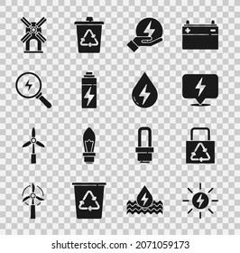 Set Solar Energy Panel, Papier-Tasche mit Recycling, Blitzbolzen, Battery, Windturbine und Wasser Symbol. Vektorgrafik
