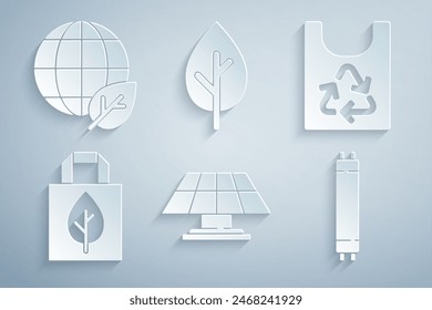 Set Solar energy panel, Plastic bag with recycle, Shopping, Fluorescent lamp, Tree and Earth globe and leaf icon. Vector