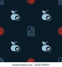 Set Solar energy panel, Radioactive waste in barrel and Apple on seamless pattern. Vector