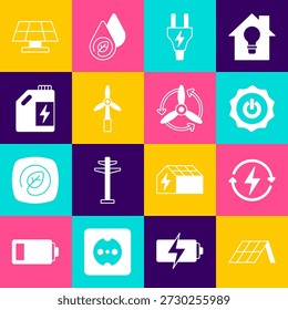 Set Solar energy panel, Recharging, Power button, Electric plug, Wind turbine, Eco fuel canister,  and  icon. Vector