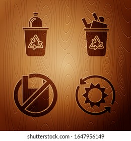 Set Solar energy panel, Recycle bin with recycle symbol, Say no to plastic bags poster and Recycle bin with recycle symbol on wooden background. Vector