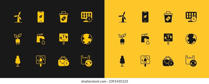 Set Solar energy panel, Recycle clean aqua, symbol, Water mill, tap, Trash can, Wind turbine and Mobile phone with leaf icon. Vector