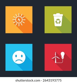 Set Solar energy panel, Recycle bin with recycle, Sad smile and Light bulb wind turbine icon. Vector