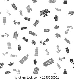 Set Solar Energy Panel, Recycling Plastikflasche, Glühbirne mit Blatt und Flasche Wasser auf nahtlosen Mustern. Vektorillustration