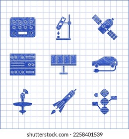 Set Solar energy panel, Rocket ship with fire, DNA symbol, Electric car, UAV Drone, Server, Data, Web Hosting, Satellite and Pills blister pack icon. Vector