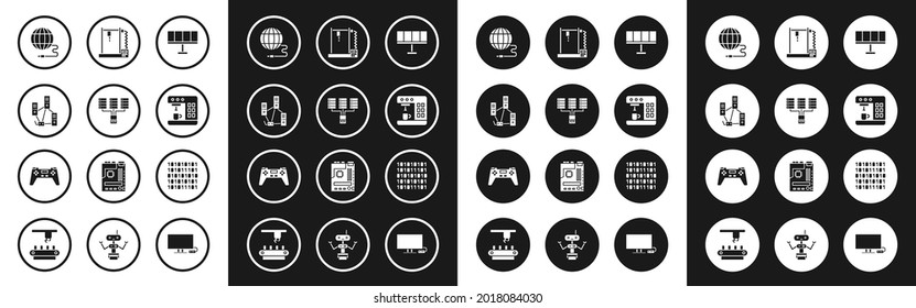 Set Solar energy panel, Server, Data, Web Hosting, Computer network, Social, Coffee machine, 3D printer, Binary code and Gamepad icon. Vector