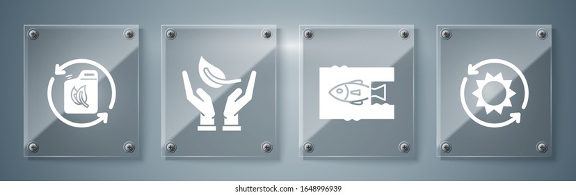 Set Solar energy panel, Stop ocean plastic pollution, Sprout in hand of environmental protection and Bio fuel canister. Square glass panels. Vector