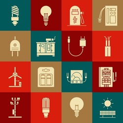 Set Solar Energy Panel And Sun, Electrical, Cable, Car Charging Station, Diesel Power Generator, Plug, LED Light Bulb And Charger Icon. Vector