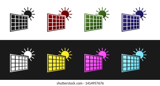 Set Solar energy panel and sun icon isolated on black and white background. Vector Illustration