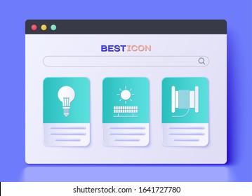 Set Solar energy panel and sun, Light bulb with concept of idea and Wire electric cable on a reel or drum icon. Vector