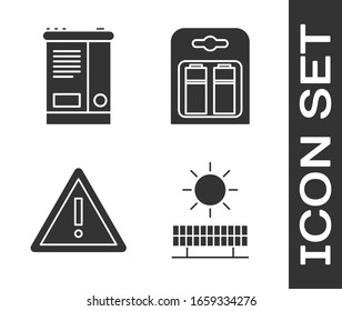 Set Solar Energy Panel And Sun, Car Battery, Exclamation Mark In Triangle And Battery In Pack Icon. Vector