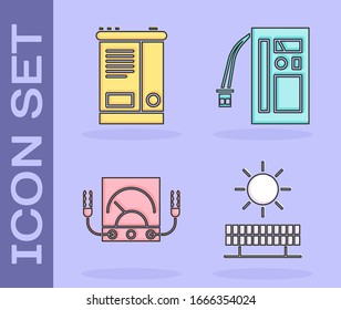 Set Solar energy panel and sun, Car battery, Ampere meter, multimeter, voltmeter and Battery icon. Vector