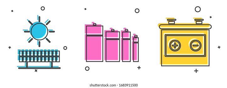 Setzen Sie das Symbol für Solarenergie und Sonne, Batterien und Autobatterien ein. Vektorillustration