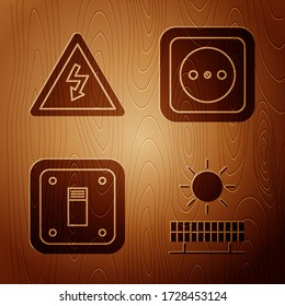 Set Solar energy panel and sun, High voltage sign, Electric light switch and Electrical outlet on wooden background. Vector