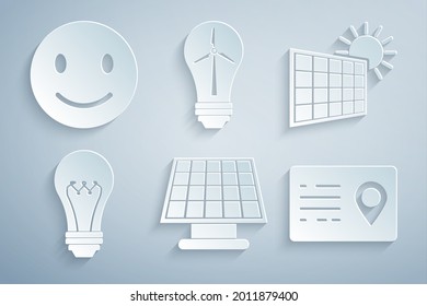 Set Solar energy panel, and sun, Light bulb, Address book, with wind turbine and Smile face icon. Vector