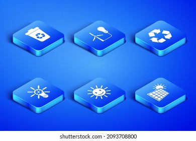 Set Solar energy panel and sun, Recycle bin with recycle, Cute smile, Light bulb gear, wind turbine and symbol icon. Vector