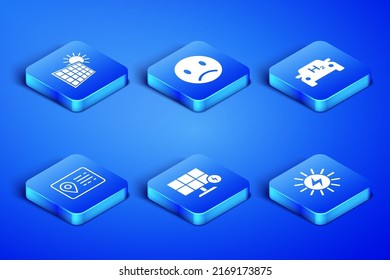 Set Solar energy panel, and sun, Address book, Sad smile and Hydrogen car icon. Vector