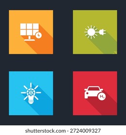 Conjunto de panel de energía solar, sol con enchufe eléctrico, equipo de bombilla e icono de coche de hidrógeno. Vector