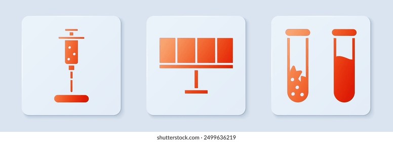 Set Solar energy panel, Syringe and Test tube and flask. White square button. Vector