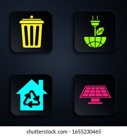 Ponga el panel de energía solar, la caña de basura, Eco House con el símbolo de reciclaje y el tapón de ahorro eléctrico en la hoja. Botón cuadrado negro. Vector