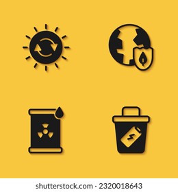Set Solar energy panel, Trash can, Radioactive waste in barrel and Earth with shield icon with long shadow. Vector