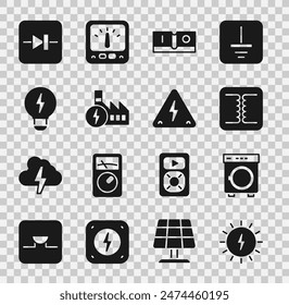 Set Solar energy panel, Washer, Electrical transformer, light switch, Nuclear power plant, Creative lamp idea, Diode in electronic circuit and High voltage icon. Vector