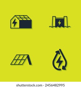 Set Solar energy panel, Water,  and Hydroelectric dam icon. Vector