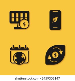 Set Solar energy panel, Water, World Earth day and Mobile phone with leaf icon with long shadow. Vector