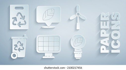 Set Solar energy panel, Wind turbine, Recycle with recycle, Light bulb leaf, Location and Paper bag icon. Vector