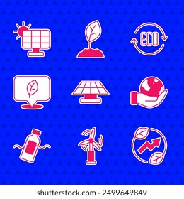 Set Solar energy panel, Wind turbine, Electric saving plug leaf, Hand holding Earth globe, The problem of pollution, Location with, Leaf Eco symbol and  icon. Vector