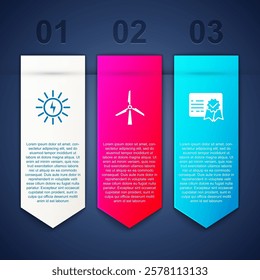 Set Solar energy panel, Wind turbine and Certificate template. Business infographic template. Vector