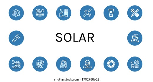 Set of solar icons. Such as Atomic energy, Satellite, Solar cell, Sunscreen, Space station, Observatory, Astronomer, Astronaut, Black hole, Sun cream, Nuclear plant , solar icons