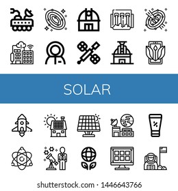 Set of solar icons such as Moon rover, Smart city, Galaxy, Astronaut, Observatory, Space station, Hydro power, Space, Ecology, Spaceship, Atomic energy, Solar panel, Stargazing , solar