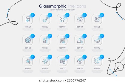 Conjunto de iconos de la línea Solar, Filling Station e Lighthouse para la aplicación web. Innovación, Documentación, Inspeccionar iconos. Plan de ingeniería, flechas de intersección, signos de tamaño del paquete. Co2. Vector