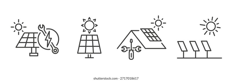 Conjunto de iconos del panel solar. Tecnología de energía limpia. Línea de electricidad solar art.