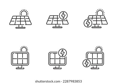 Satz von Solarpanel-Symbolen im Linienstil einzeln auf weißem Hintergrund