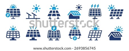 Set of solar panel icons representing clean energy, photovoltaic systems and sun-powered electricity. Solid vector icons collection.