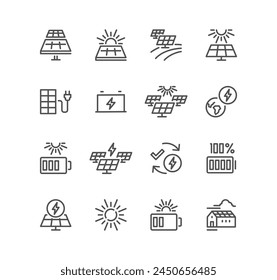 Set of solar panel related icons, alternative electricity source, solar panel plant, renewable power supply system, sustainable energy, panel installation, roof panel and linear variety vectors.