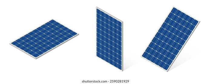Set of solar panel in various position. 3D isometric illustration. Isolated vector for banner, poster, presentation, infographic,  web, apps, and other uses.