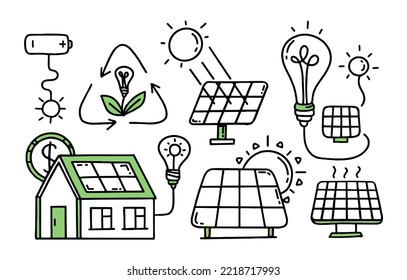Set Solar panels. Green energy. Co2 concept of climate change .  Vector doodle